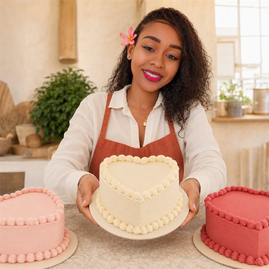 La cuisinière ZAIDAT FOOD présente fièrement l'un de ses gâteaux cœur décorés à la crème